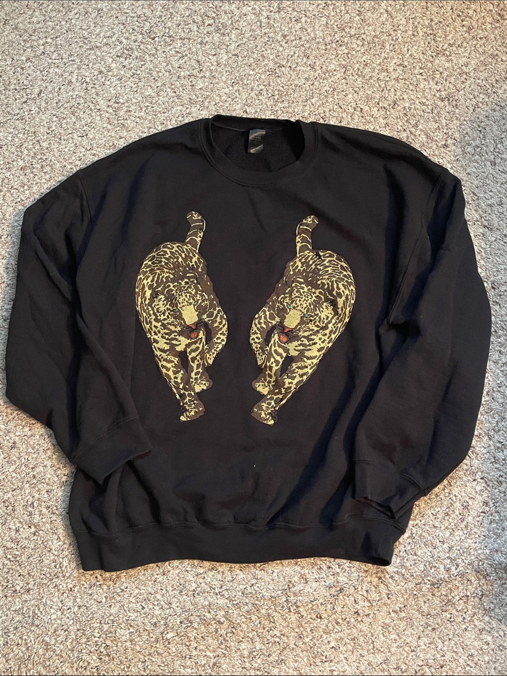 Sweet Claire Black Crewneck Sweater with Twin Gold Leopard Graphic